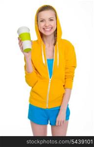 Happy teenager girl holding coffee cup