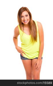 Happy teenager wearing braces, posing isolated over a white background