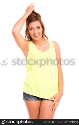 Happy teenager wearing braces, posing isolated over a white background