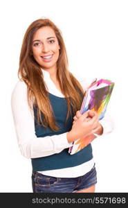 Happy teenager wearing braces, posing isolated over a white background