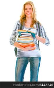 Happy teenager with books and backpack ready to go back to school isolated on white &#xA;