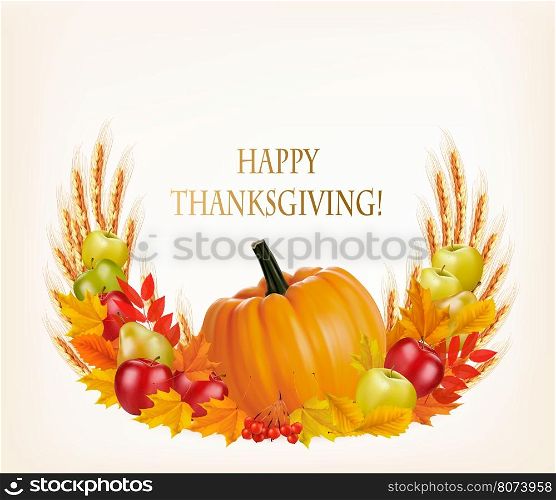 Happy Thanksgiving background with colorful autumn leaves and fruits. Vector.