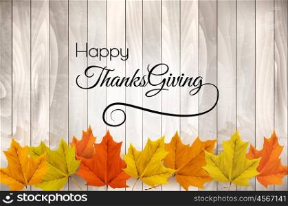 Happy Thanksgiving background with colorful leaves and a wooden backdrop. Vector.
