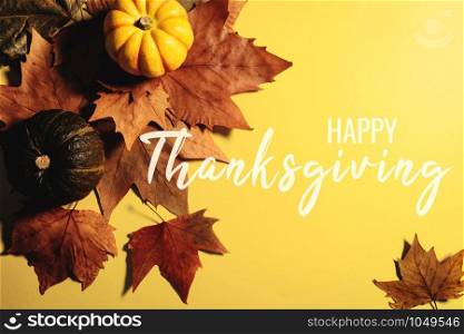 Happy Thanksgiving Day with maple leaves and pumpkin on yellow background