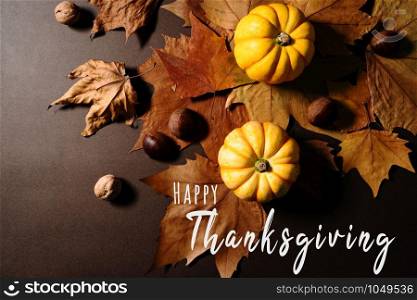 Happy Thanksgiving Day with pumpkin and maple leaves