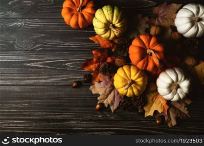 Happy Thanksgiving Day with pumpkin and nut on wooden table