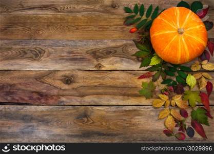 Happy Thanksgiving greeting with fall leaves on rustic wooden b. Happy Thanksgiving background with pumpkin and autumn leaves on the left side of rustic wooden table. Fall decor with seasonal vegetables, copy space