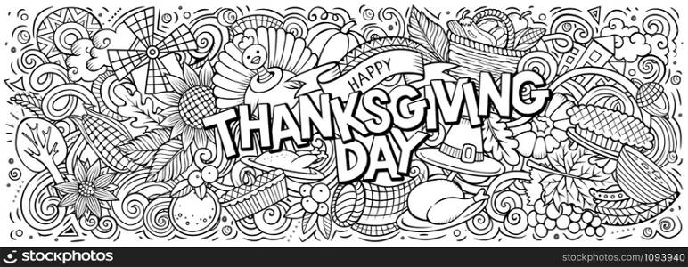 Happy Thanksgiving hand drawn cartoon doodles illustration. Holiday funny objects and elements poster design. Creative art background. Sketchy vector banner. Happy Thanksgiving hand drawn cartoon doodles illustration.