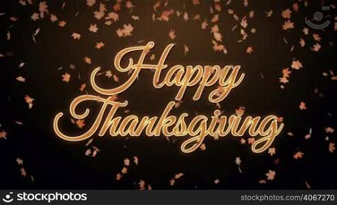 Happy Thanksgiving text with autumn leaves falling animation. Thanksgiving holidays animation background. Seamless looping