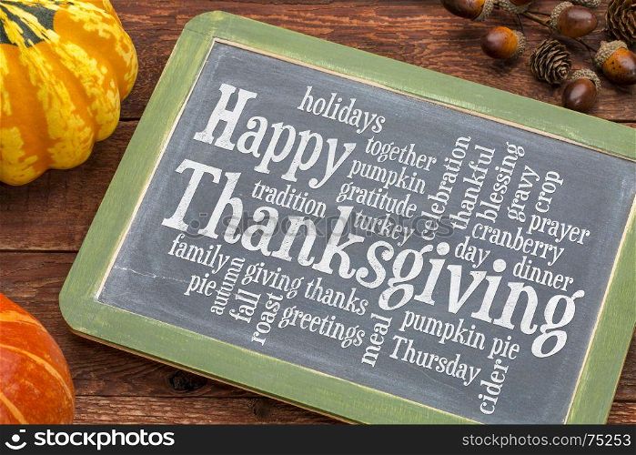 Happy Thanksgiving word cloud on a vintage slate blackboard with winter squash