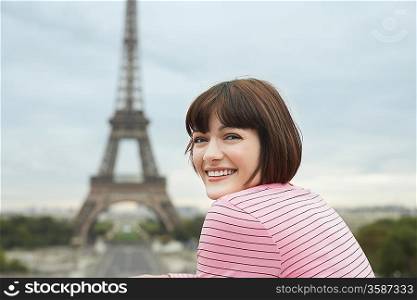 Happy Tourist near Eiffel Tower