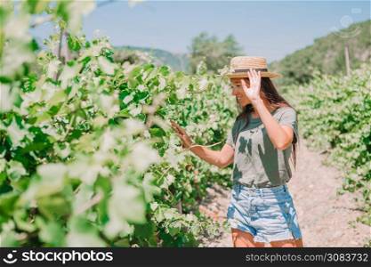 Happy tourist woman in hat walking in summer day in vineyard. Woman in the vineyard in sun day