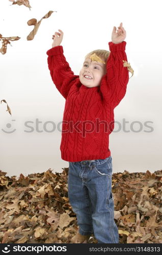 Happy two year old boy playing in leaves.