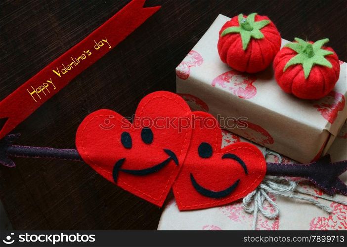 Happy Valentine day, a holiday for couple, amazing background with red heart, handmade fruit, message about love, dry branch of tree, impression emotion and art concept