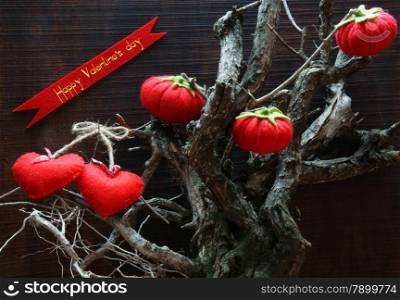 Happy Valentine day, a holiday for couple, amazing background with red heart, handmade fruit, message about love, dry branch of tree, impression emotion and art concept