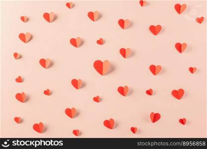 Happy Valentine Day concept. Beautiful red paper hearts shape cutting pastel pink background, Symbol of love paper art with copy space for text, Happy mother day