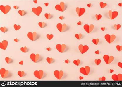 Happy Valentine Day concept, red paper hearts shape cutting isolated pastel pink background, Happy mother day, Symbol of love paper art elements with place for text, Banner design greeting card