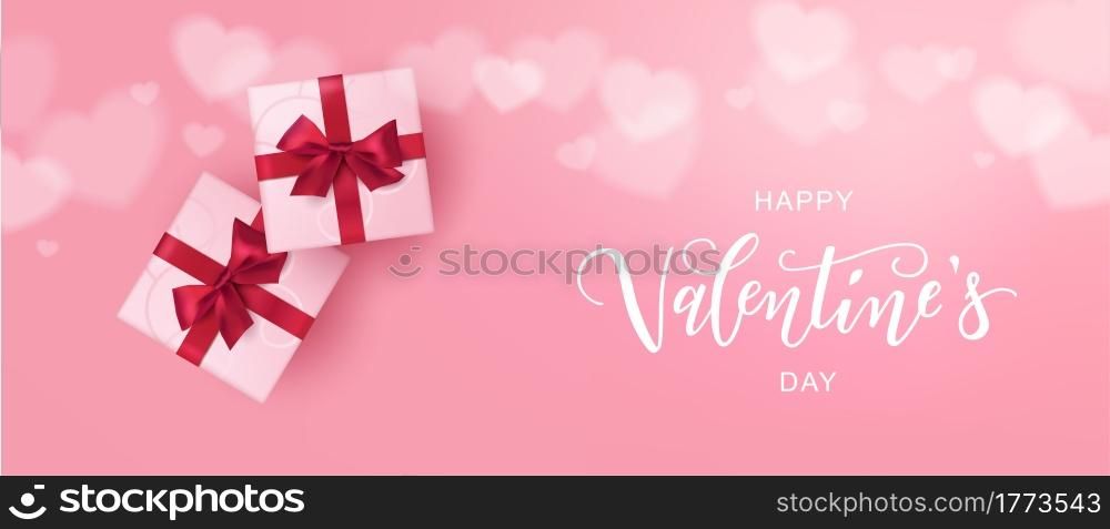 Happy Valentine&rsquo;s Day hand lettering typography with realistic looking gift boxes and hearts. Vector design for greeting cards, banner, poster template. Celebration illustration.