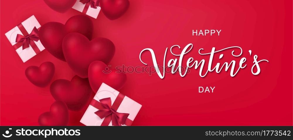 Happy Valentine&rsquo;s day text, hand lettering typography poster on red gradient background. Vector illustration.. Happy Valentine&rsquo;s day text, hand lettering typography poster on red gradient background.
