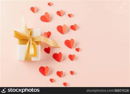 Happy Valentine’s Day Background. Top view beautiful hearts and gift boxes on pastel pink background surprise your loved with space for text, mother’s day, concept banner holiday