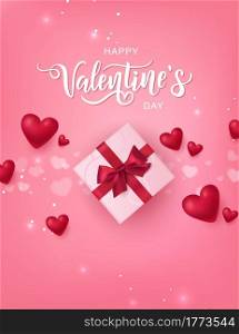 Happy Valentine?s Day hand lettering typography with realistic looking gift boxes and hearts. Vector design for greeting cards, banner, poster template. Celebration illustration.
