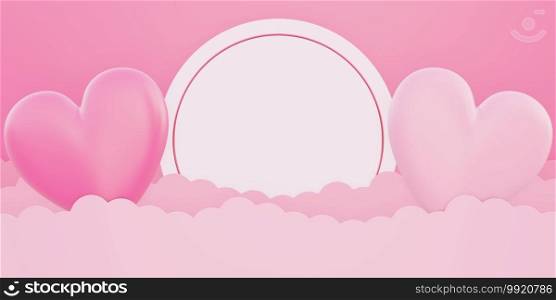 Happy valentine’s day, love concept background, pink and white 3d heart shape on cloud in the sky, greeting card, circle banner with copy space