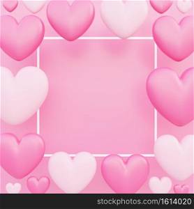 Happy valentine’s day, love concept, pink 3d heart shape background, greeting or advertising card, square frame with copy space
