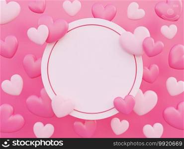 Happy valentine’s day, love concept, pink and white 3d heart shape background, greeting card, circle banner with copy space