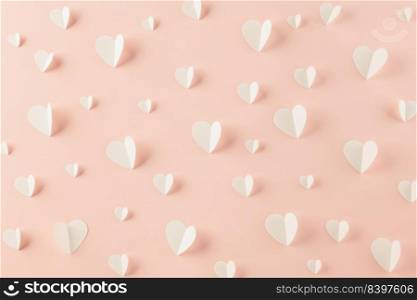 Happy Valentines Day background. Top view flat lay of paper elements cutting white hearts shape flying on pink background, Valentine Love day concept, Banner template design of holiday