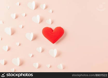 Happy Valentines Day background. Top view flat lay of paper elements cutting white hearts shape flying on pink background, Valentine Love day concept, Banner template design of holiday