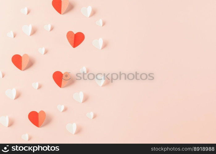 Happy Valentines Day background. Top view flat lay of paper elements cutting white and red hearts shape flying on pink background with copy space, Happy Mother&rsquo;s Day, Banner template design of holiday