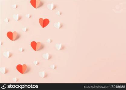 Happy Valentines Day background. Top view flat lay of paper elements cutting white and red hearts shape flying on pink background with copy space, Happy Mother&rsquo;s Day, Banner template design of holiday