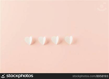 Happy Valentines Day background. Top view flat lay of paper elements cutting white hearts shape flying on pink background with copy space, Happy Mother&rsquo;s Day, Banner template design of holiday