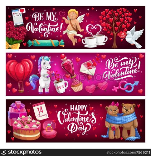 Happy Valentines day, heart and cupid angel with love day romantic toy bears couple. Vector banners of Valentine quotes, heart balloon and flowers bouquet, ring and cake. Valentines day banners with quotes
