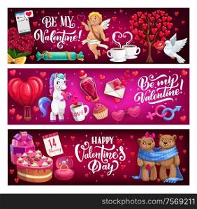 Happy Valentines day, heart and cupid angel with love day romantic toy bears couple. Vector banners of Valentine quotes, heart balloon and flowers bouquet, ring and cake. Valentines day banners with quotes