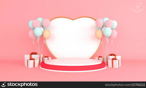 Happy valentines day podium display decoration with balloons and gift boxes, 3D rendering