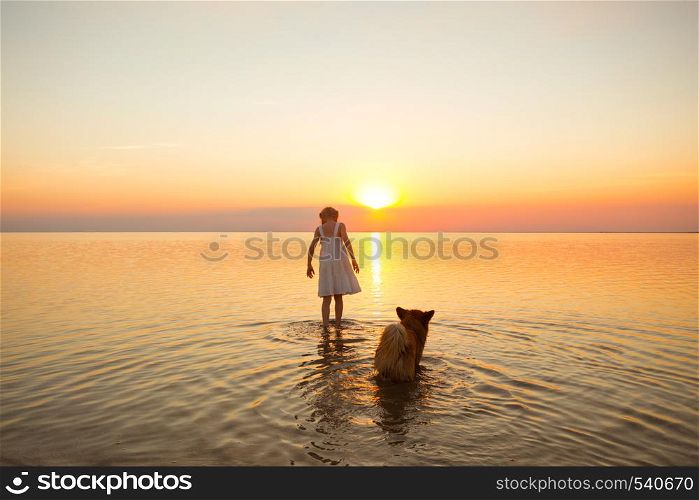 happy weekend by the sea - little girl is walking with a dog by the sea at sunset. Ukrainian landscape at the Sea of Azov, Ukraine