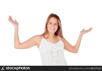 Happy winner girl celebrating something isolated on a white background