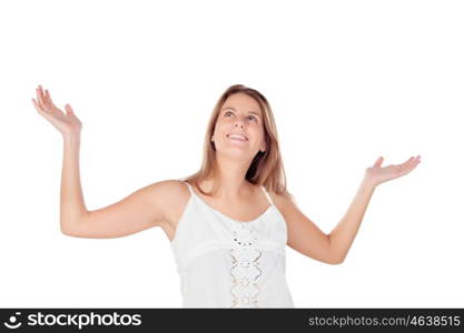 Happy winner girl celebrating something isolated on a white background