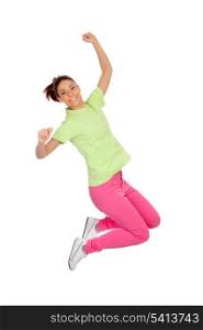 Happy winner girl jumping isolated on a white background