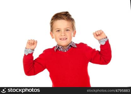 Happy winner kid with red jersey isolated on a white background