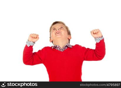 Happy winner kid with red jersey isolated on a white background