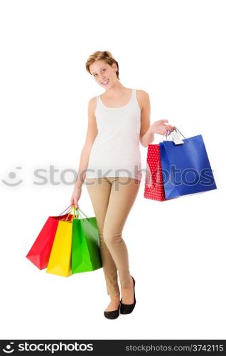 happy with shopping bags. happy young woman with shopping bags on white background