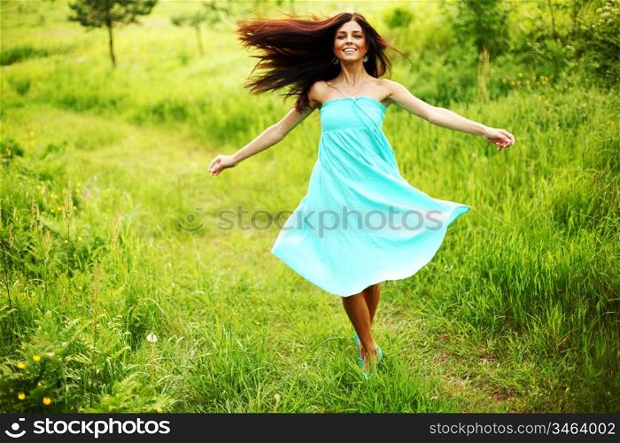 happy woman dance in forest