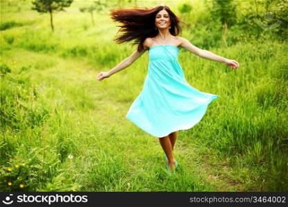 happy woman dance in forest