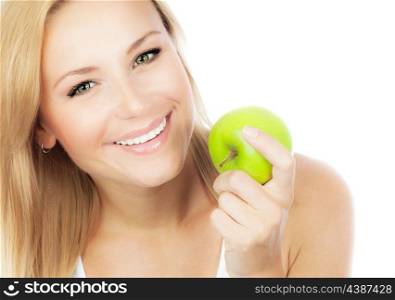 Happy woman dieting, pretty girl eating apple, female hand holding green fruit, healthy lifestyle, nutritious organic food, isolated on white background with text space