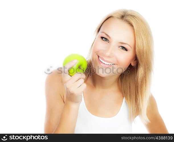 Happy woman dieting, pretty girl eating apple, female hand holding green fruit, healthy lifestyle, nutritious organic food, isolated on white background with text space