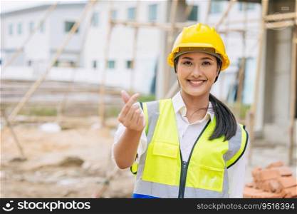 happy woman engineer worker builder girl lady smile with heart love sign in construction site worker