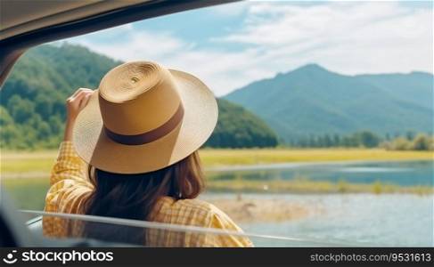 Happy woman hand holding hat outside open window car