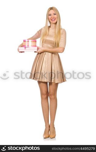 Happy woman holding giftbox isolated on the white